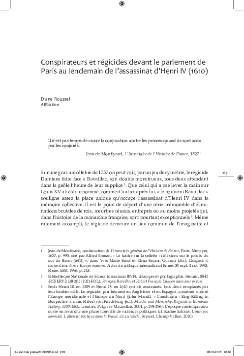 (PDF) Diane ROUSSEL, « Conspirateurs et régicides devant le parlement ...