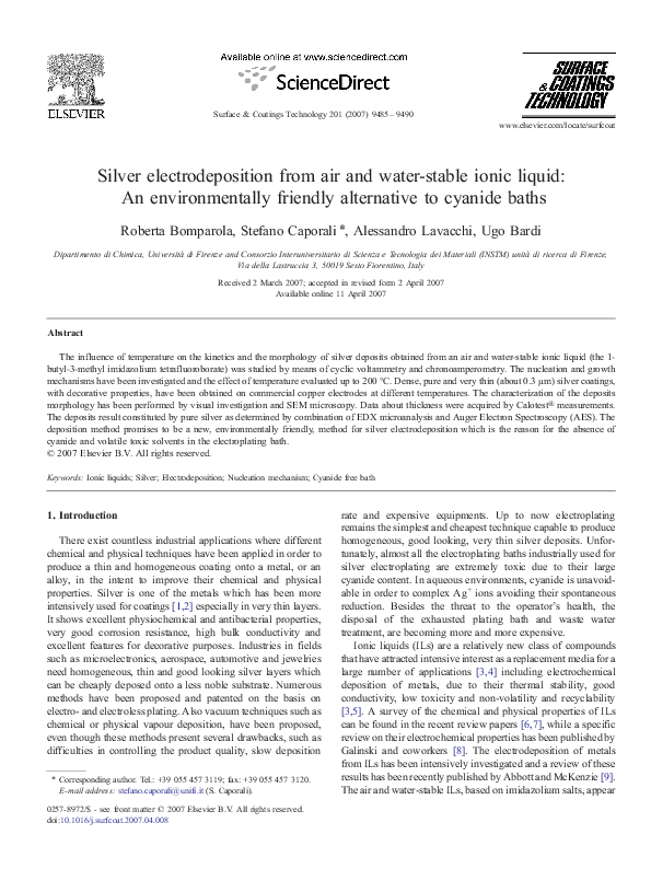 (PDF) Silver electrodeposition from air and water-stable ionic liquid ...