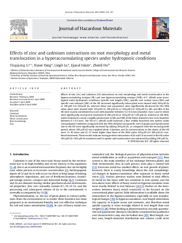 (PDF) Effects of zinc and cadmium interactions on root morphology and ...