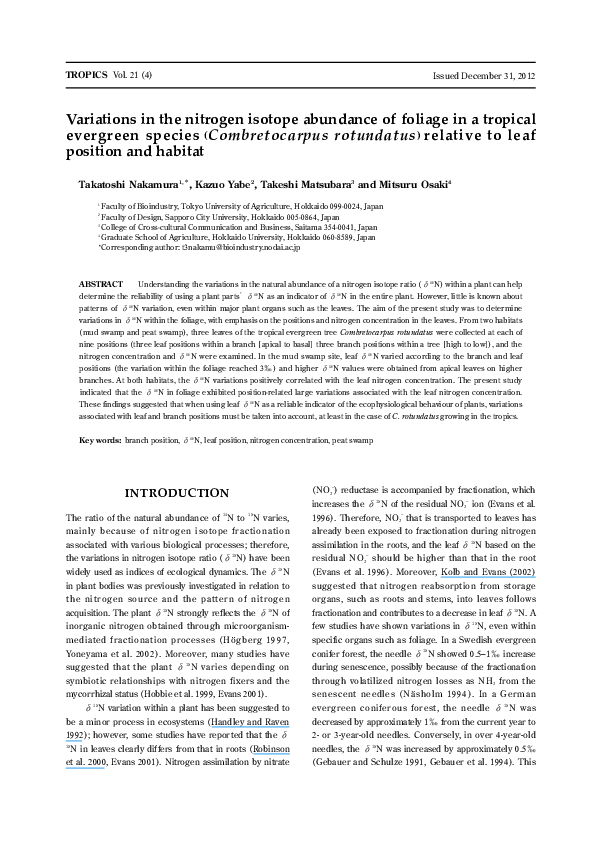 (PDF) Variations in the nitrogen isotope abundance of foliage in a ...