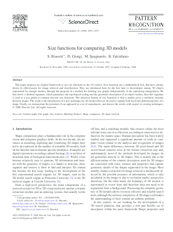 (PDF) Size functions for comparing 3D models