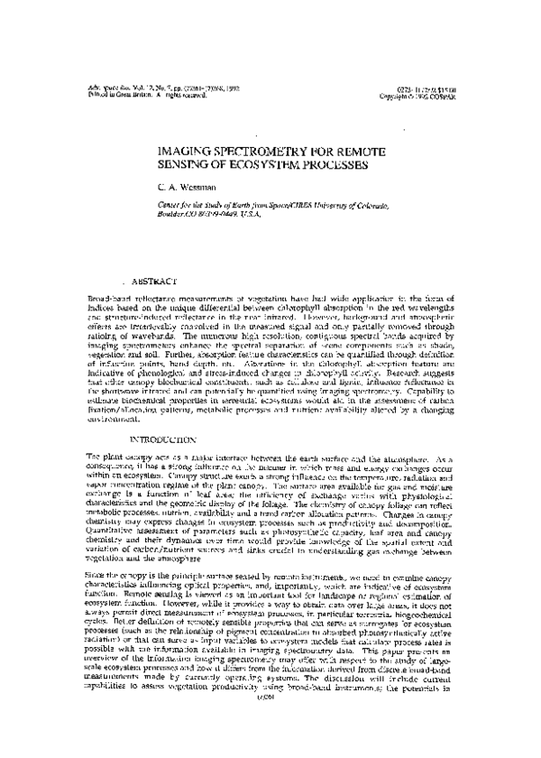(PDF) Imaging spectrometry for remote sensing of ecosystem processes