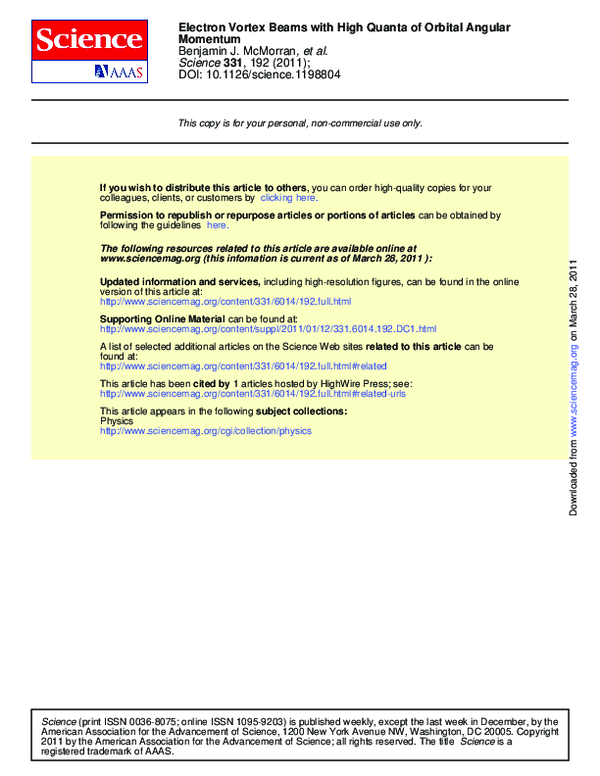 (PDF) Electron Vortex Beams with High Quanta of Orbital Angular Momentum