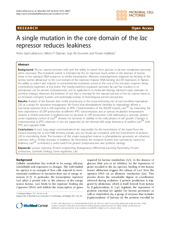 (PDF) A single mutation in the core domain of the lac repressor reduces ...