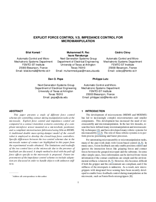 (PDF) Explicit Force Control vs Impedance Control for Micromanipulation