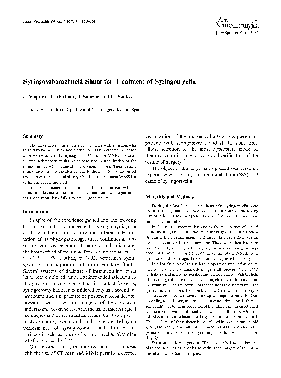 (PDF) Syringosubarachnoid shunt for treatment of syringomyelia