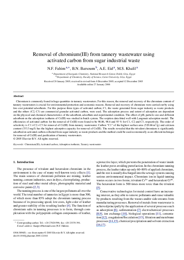 (PDF) Removal of chromium(III) from tannery wastewater using activated ...