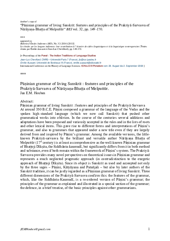 First page of “Houben 2015 - Pāṇinian grammar of living sanskrit 2008-2015.pdf”