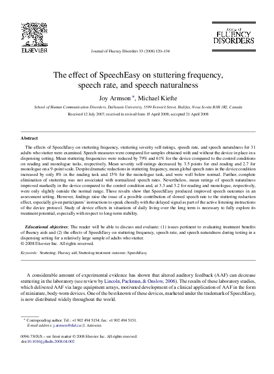 (PDF) The effect of SpeechEasy on stuttering frequency, speech rate and ...