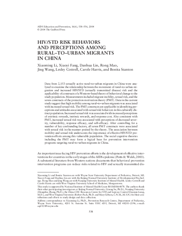 (PDF) HIV/STD Risk Behaviors and Perceptions Among Rural-To-Urban ...