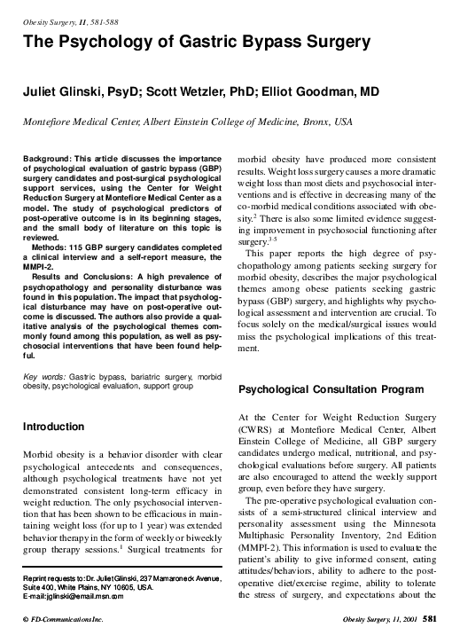 (PDF) The Psychology of Gastric Bypass Surgery Juliet Glinski and