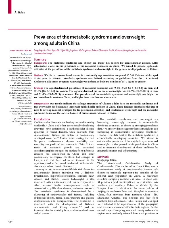 (PDF) Prevalence of the metabolic syndrome and overweight among adults ...