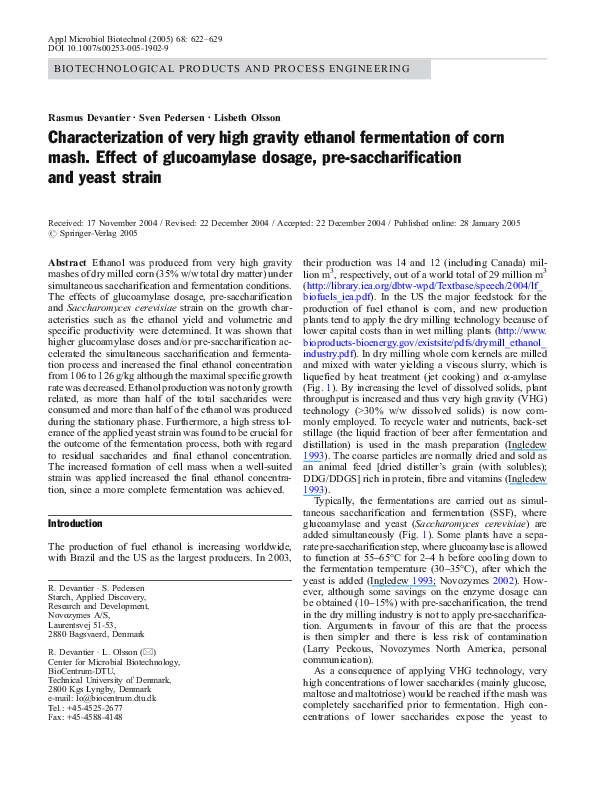 (PDF) Characterization of very high gravity ethanol fermentation of