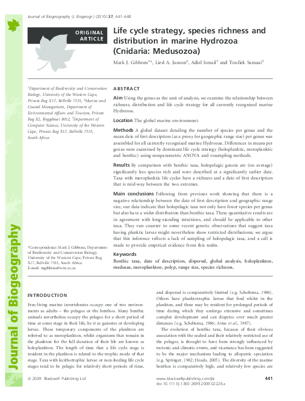 Pdf Life Cycle Strategy Species Richness And Distribution In Marine Hydrozoa Cnidaria Medusozoa Adiel Ismail Academia Edu