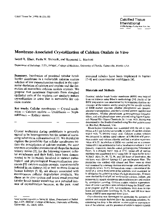(PDF) Membrane-associated crystallization of calcium oxalate in vitro