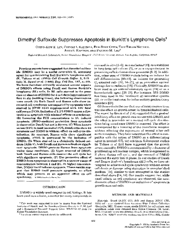 (PDF) Dimethyl Sulfoxide Suppresses Apoptosis in Burkitt's Lymphoma Cells