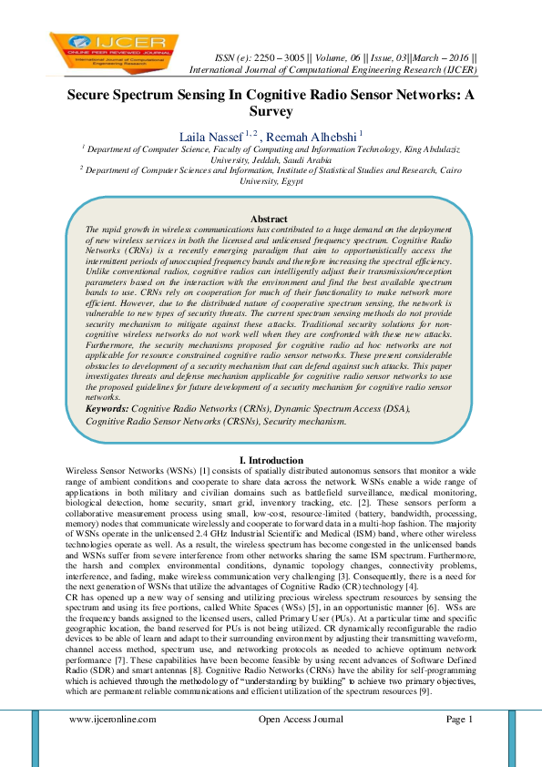(PDF) Secure Spectrum Sensing In Cognitive Radio Sensor Networks: A Survey