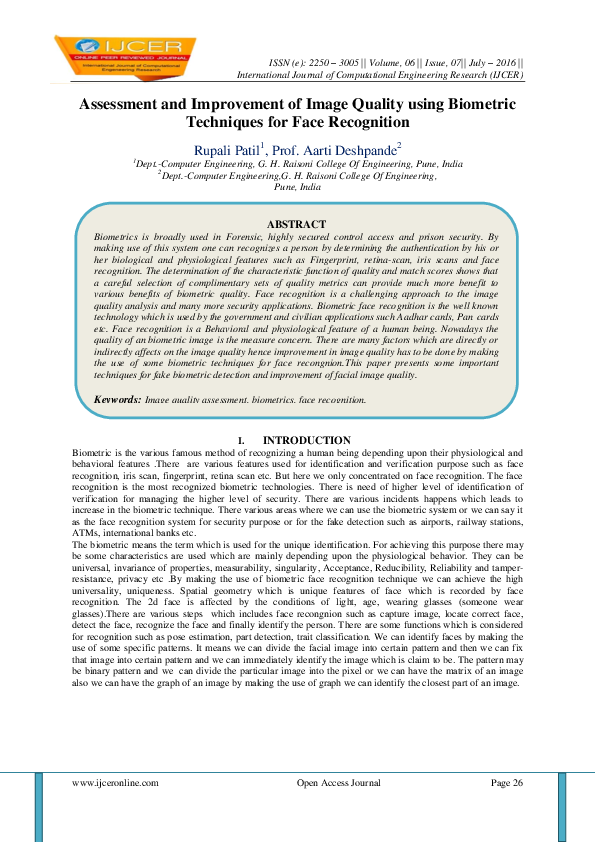 (PDF) Assessment and Improvement of Image Quality using Biometric ...