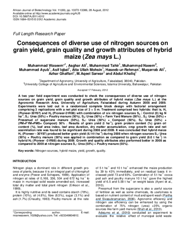 (PDF) Consequences of diverse use of nitrogen sources on grain yield ...