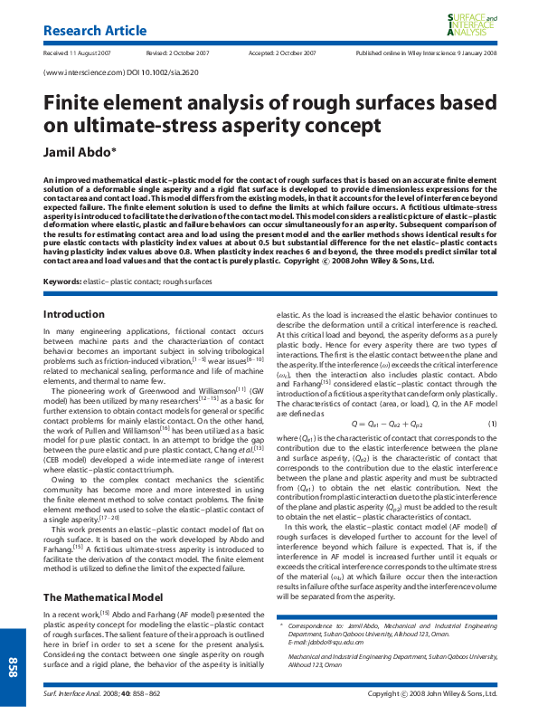 (PDF) Finite element analysis of rough surfaces based on ultimate ...