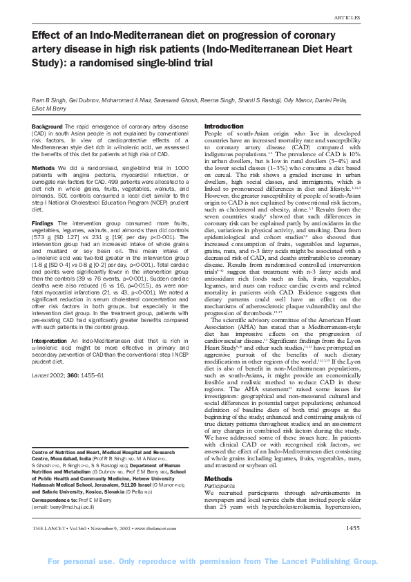 (PDF) Effect of an Indo-Mediterranean diet on progression of coronary ...