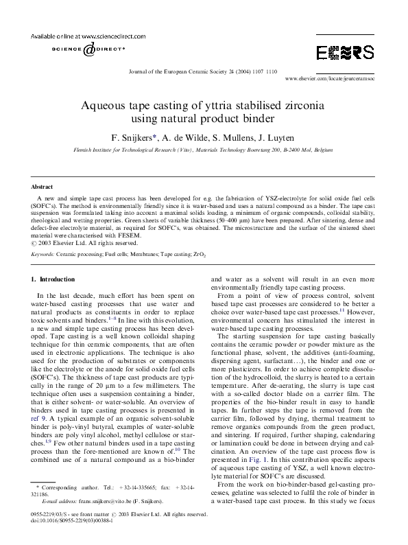 (PDF) Aqueous tape casting of yttria stabilised zirconia using natural