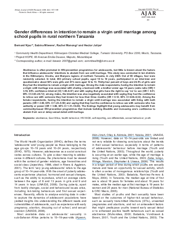 (PDF) Gender differences in intention to remain a virgin until marriage ...