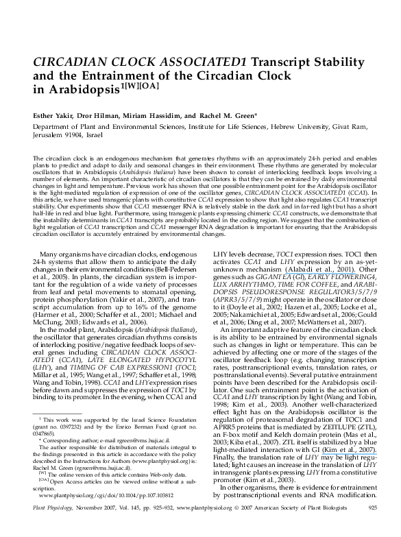 (PDF) CIRCADIAN CLOCK ASSOCIATED1: Transcript Stability and the ...