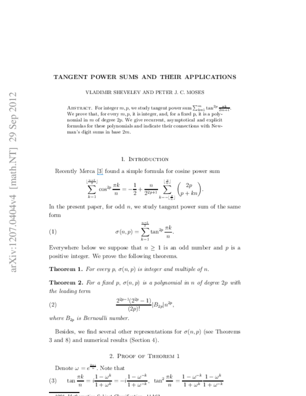 (PDF) Tangent power sums and their applications