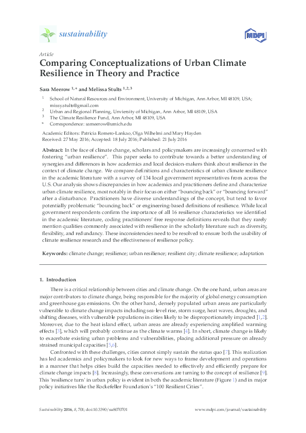 (PDF) Comparing Conceptualizations of Urban Climate Resilience in ...