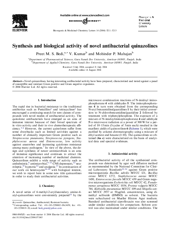 (PDF) Synthesis and biological activity of novel antibacterial quinazolines