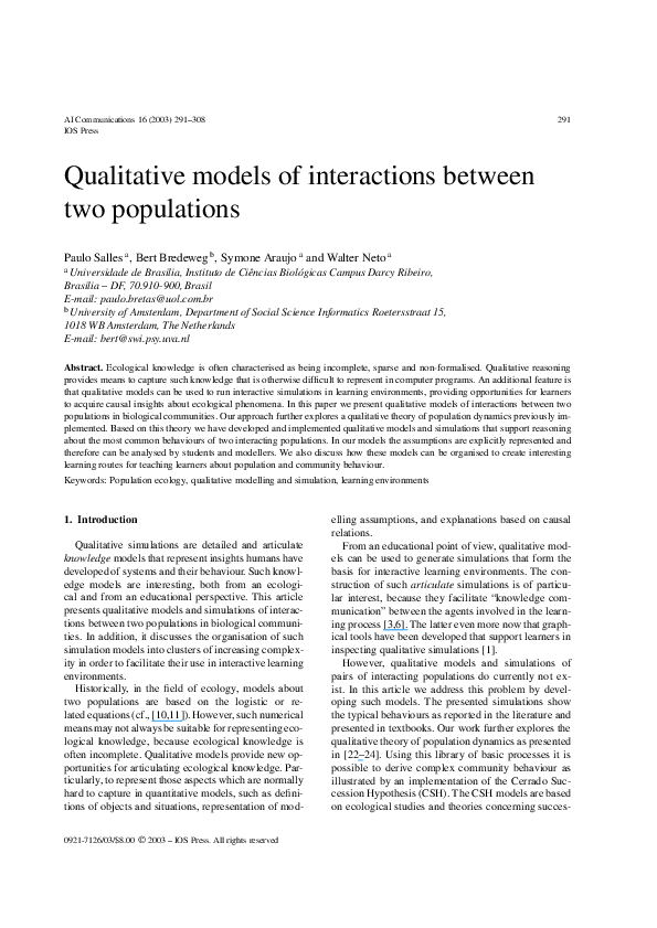 (PDF) Qualitative Models of Interactions between Two Populations