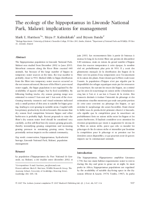 (PDF) The ecology of the hippopotamus in Liwonde National Park, Malawi ...