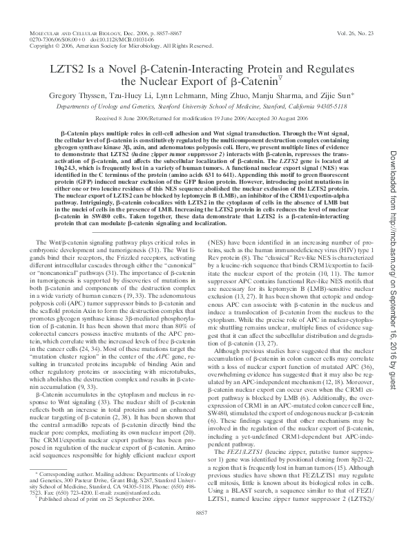 (PDF) LZTS2 Is a Novel -Catenin-Interacting Protein and Regulates the ...