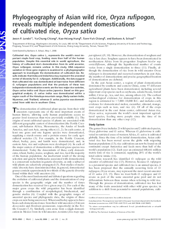 (PDF) Phylogeography of Asian wild rice, Oryza rufipogon, reveals ...