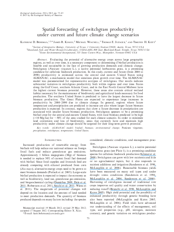 (PDF) Spatial forecasting of switchgrass yield under current and future ...