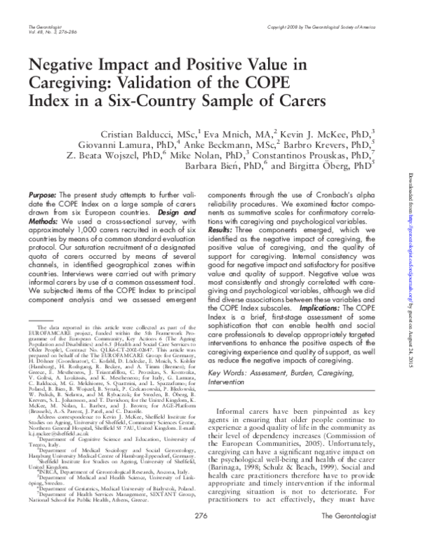 (PDF) Negative Impact and Positive Value in Caregiving: Validation of ...