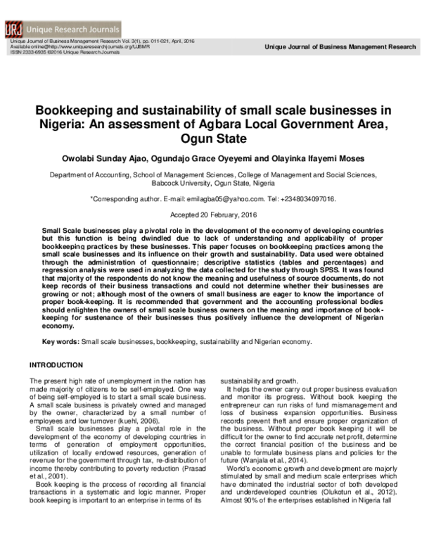 (PDF) Bookkeeping and sustainability of small scale businesses in ...
