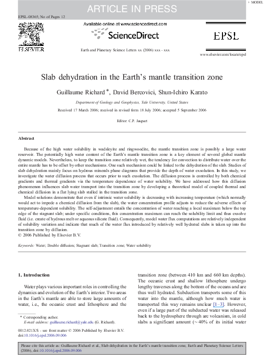 (PDF) Slab dehydration in the Earth's mantle transition zone