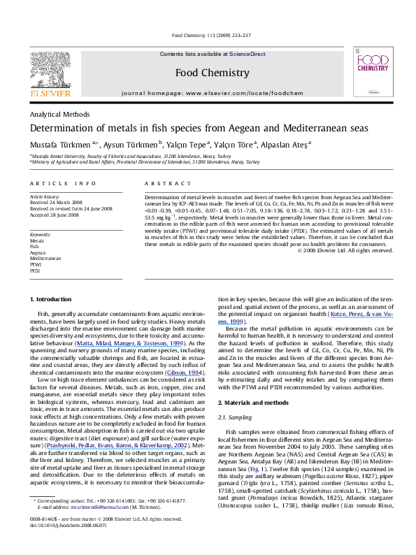 (PDF) Determination of metals in fish species from Aegean and ...