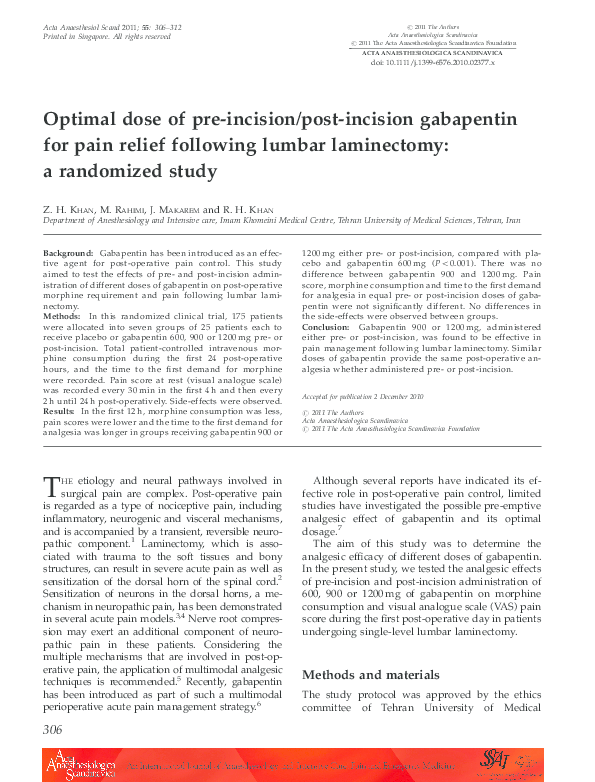 gabapentin postoperative pain dose
