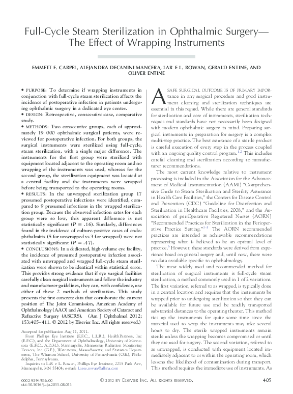 (PDF) FullCycle Steam Sterilization in Ophthalmic Surgery—The Effect