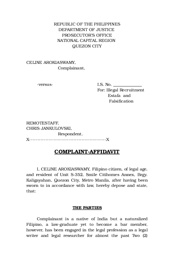 (DOC) REPUBLIC OF THE PHILIPPINES DEPARTMENT OF JUSTICE PROSECUTOR'S OFFICE NATIONAL CAPITAL