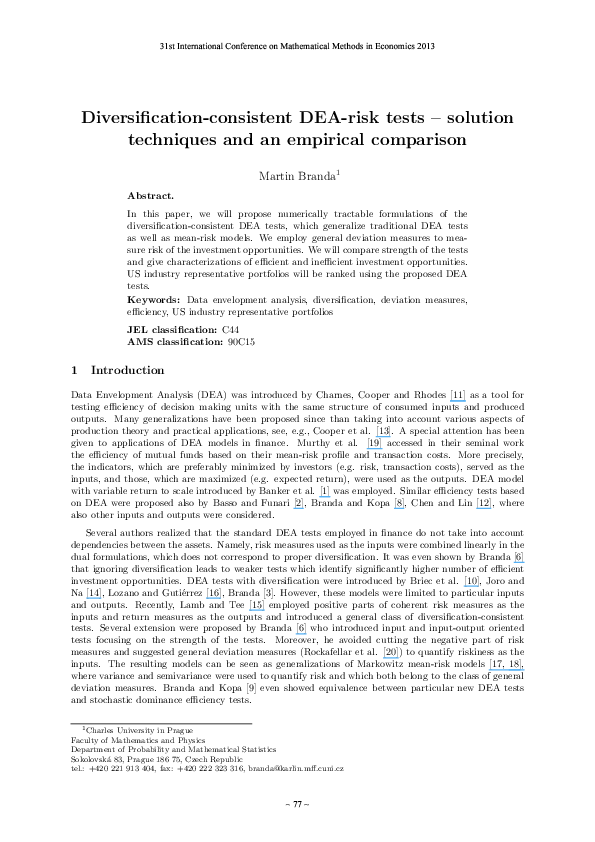 (PDF) Diversification-consistent DEA-risk tests - solution techniques ...