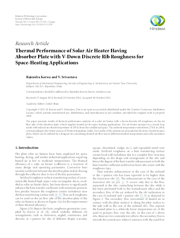 (PDF) Thermal Performance of Solar Air Heater Having Absorber Plate ...