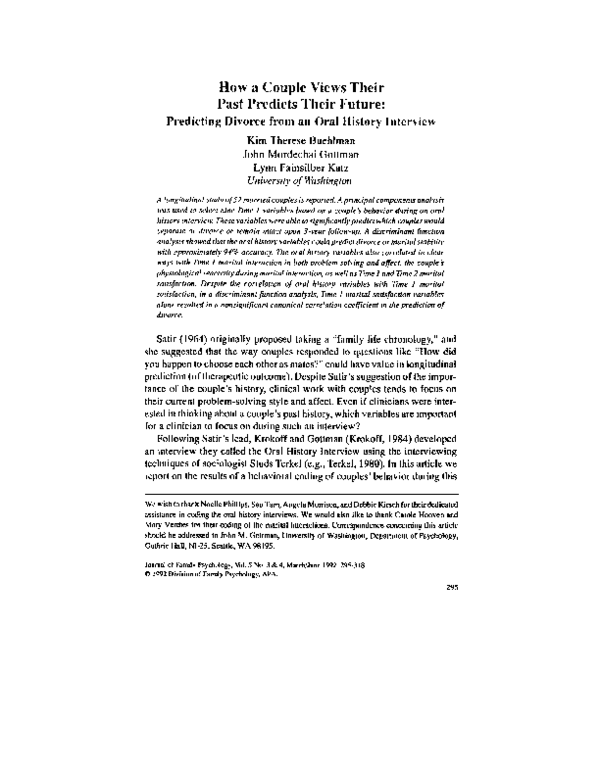 (PDF) How a couple views their past predicts their future Predicting divorce from an oral