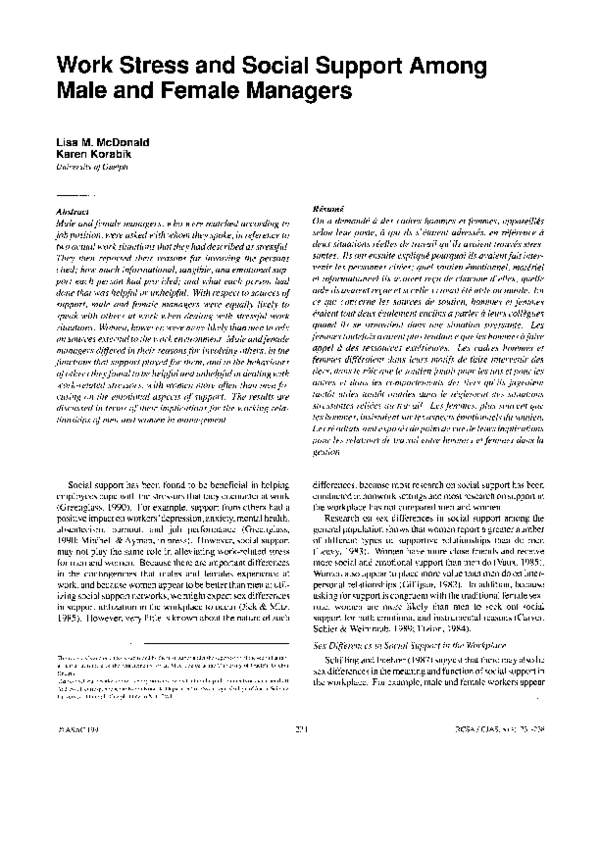(PDF) Work Stress and Social Support Among Male and Female Managers