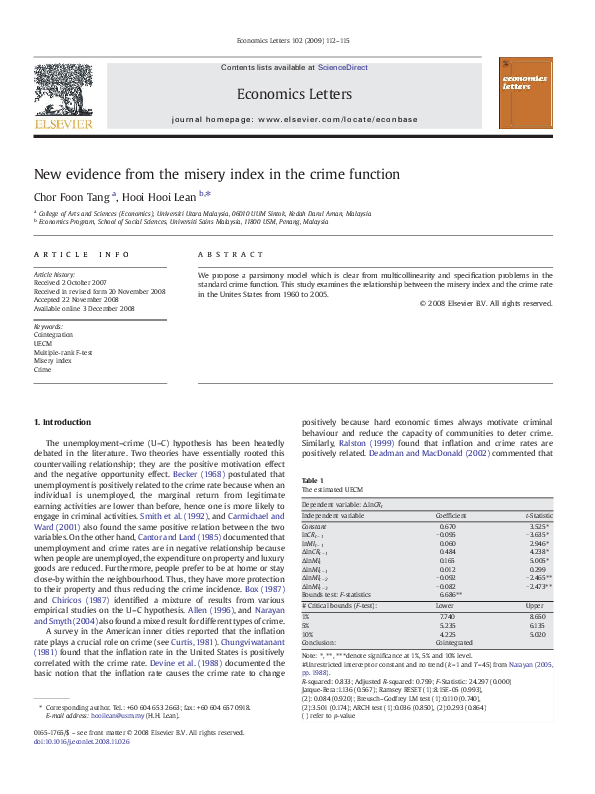 (PDF) New evidence from the misery index in the crime function