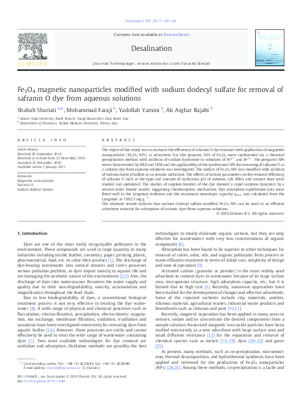 (PDF) Fe3O4 magnetic nanoparticles modified with sodium dodecyl sulfate ...