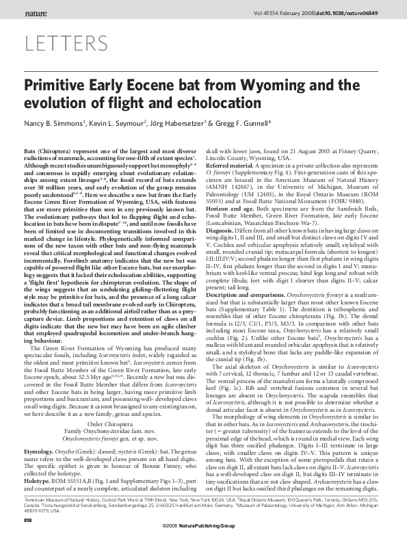 (PDF) Primitive Early Eocene bat from Wyoming and the evolution of ...